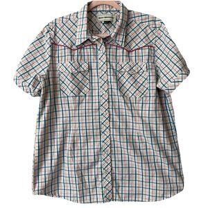 Bit & Bridle Womens Pearl Snap Shirt Sz XL Pink Blue White Plaid Pockets Western
